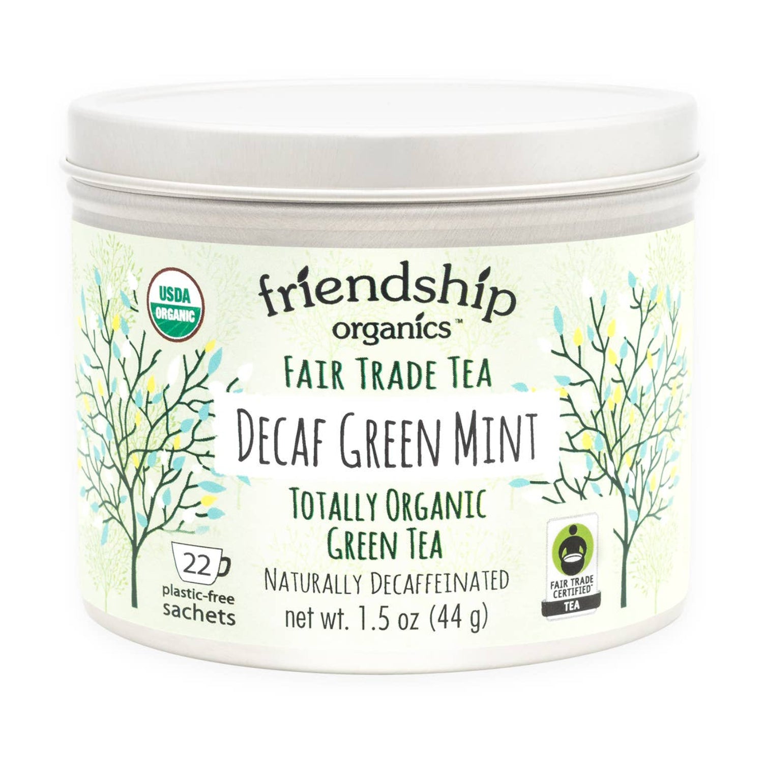 Decaf Green Mint Tea tin with plastic-free abacá fibre sachets by Friendship Organics