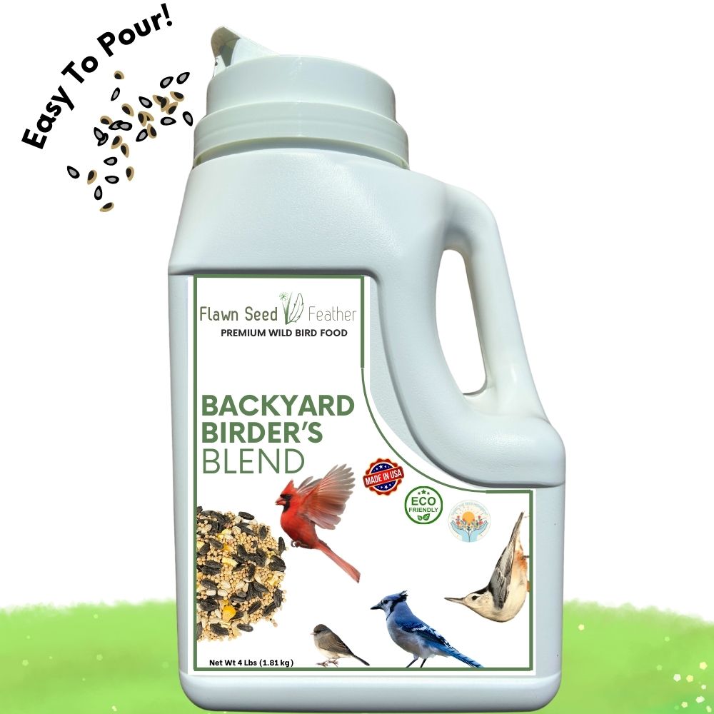 Flawn Seed Feather Backyard Birder's Blend bird food container on a white background