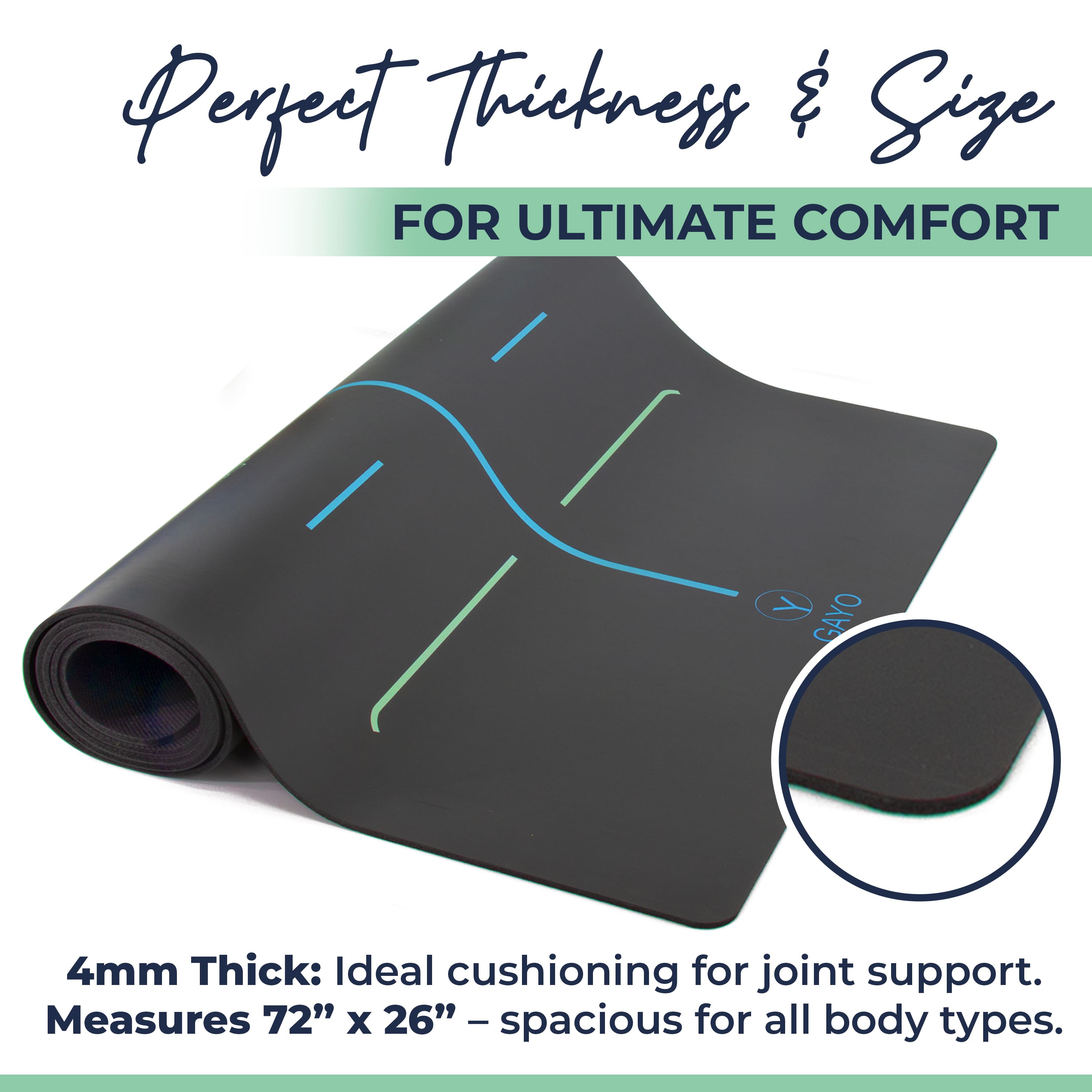 Yoga mat with text highlighting thickness, size, and comfort