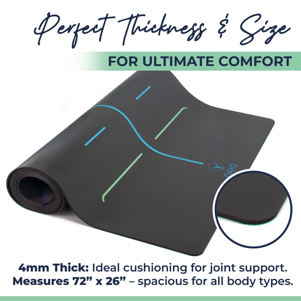 Yoga mat with text highlighting thickness, size, and comfort