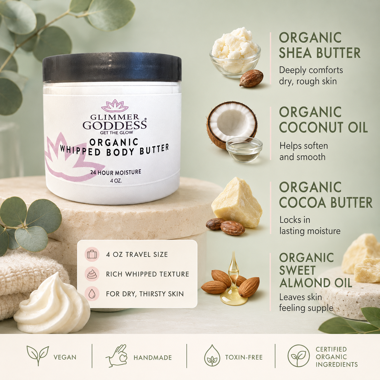 Organic Whipped Body Butter 4 oz – Travel Size | Deep Hydration