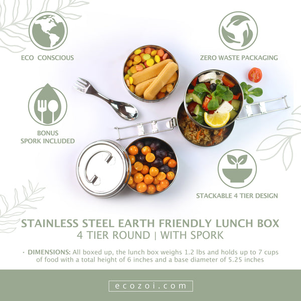 Side view of Ecozoi 4-tier stackable lunch box fully stacked showing 9.25 inch height