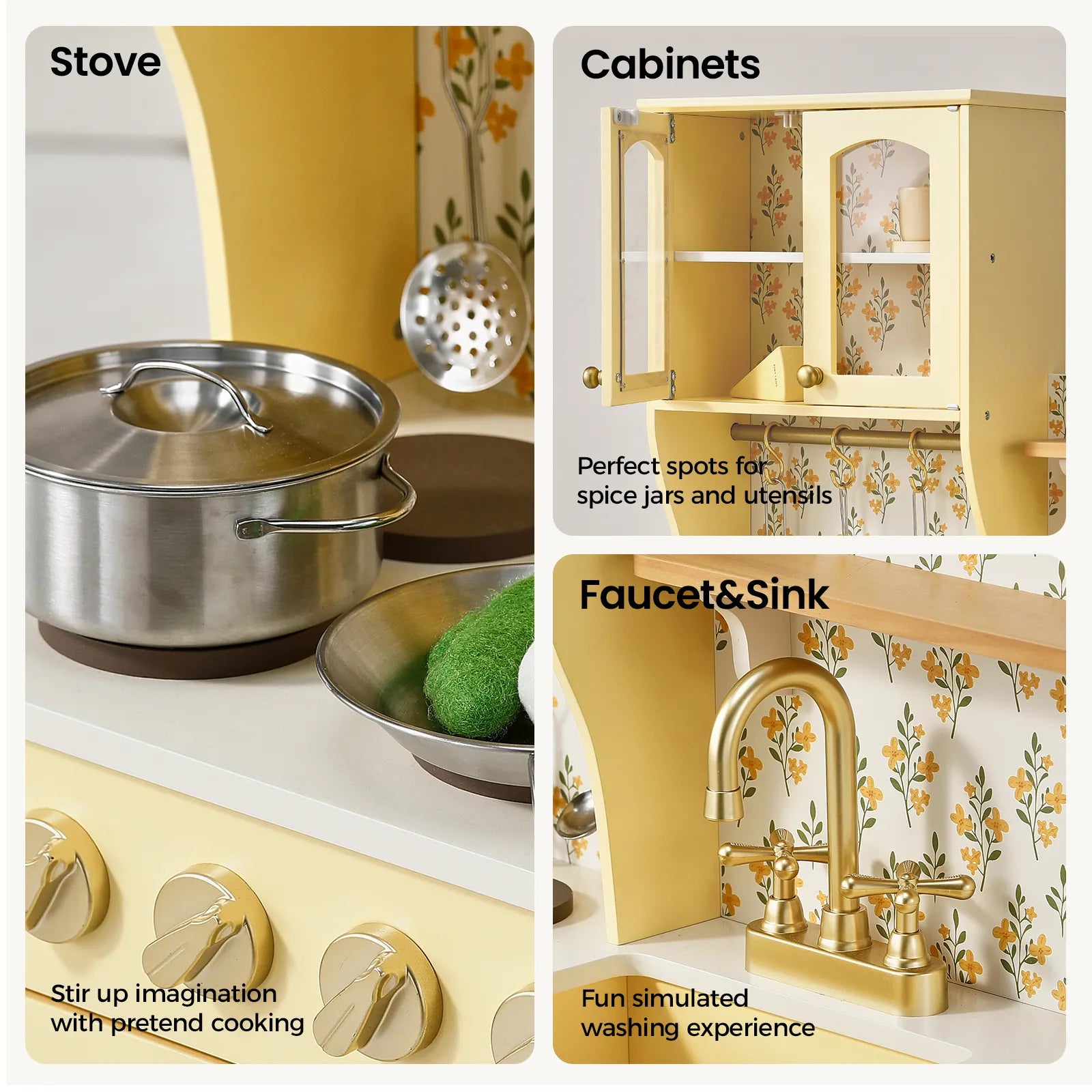 A collage showing a children's play kitchen with labeled callouts: Stove, Cabinets, and Faucet&Sink. The kitchen has a pale yellow body, floral wallpaper, gold-tone faucet and knobs, a stainless steel pot, and small pretend-cooking and washing accessories.