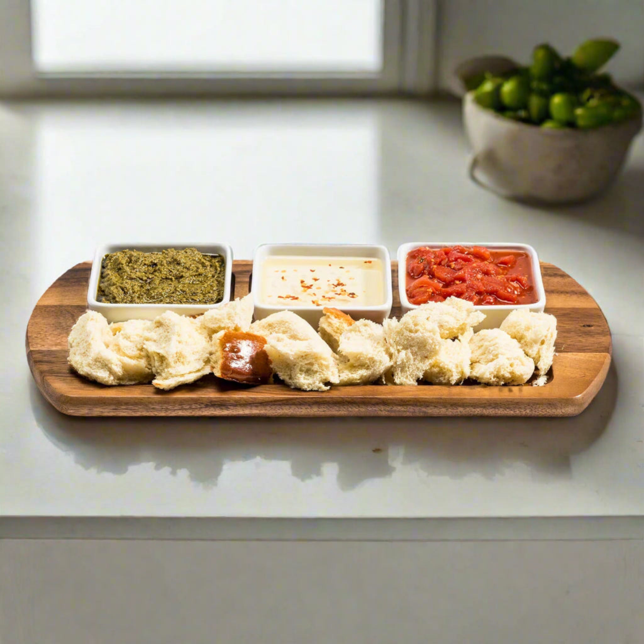 Wooden platter with bread and three small containers of condiments on a white surface.