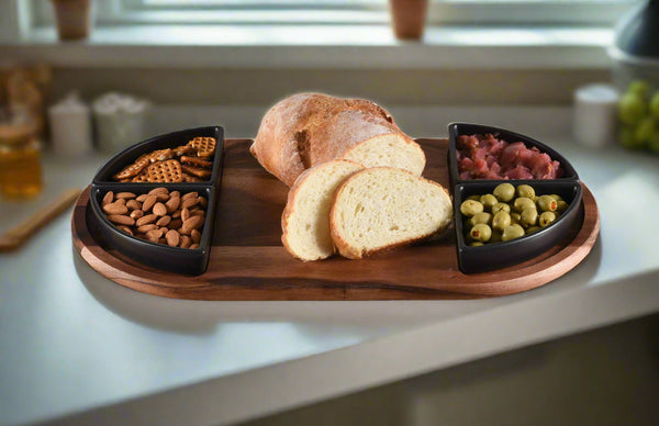 Charcuterie / Serving Tray w/ 4 Triangular Ceramic Bowls