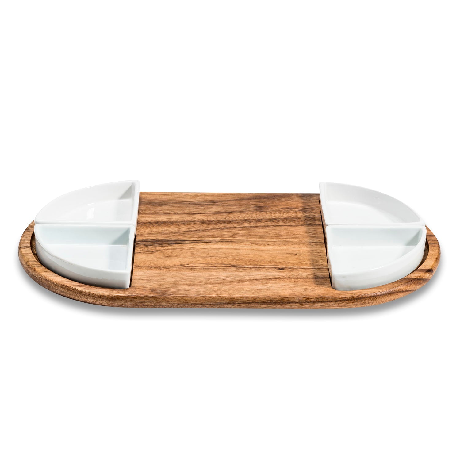 Wooden cutting board with white ceramic components on a white background