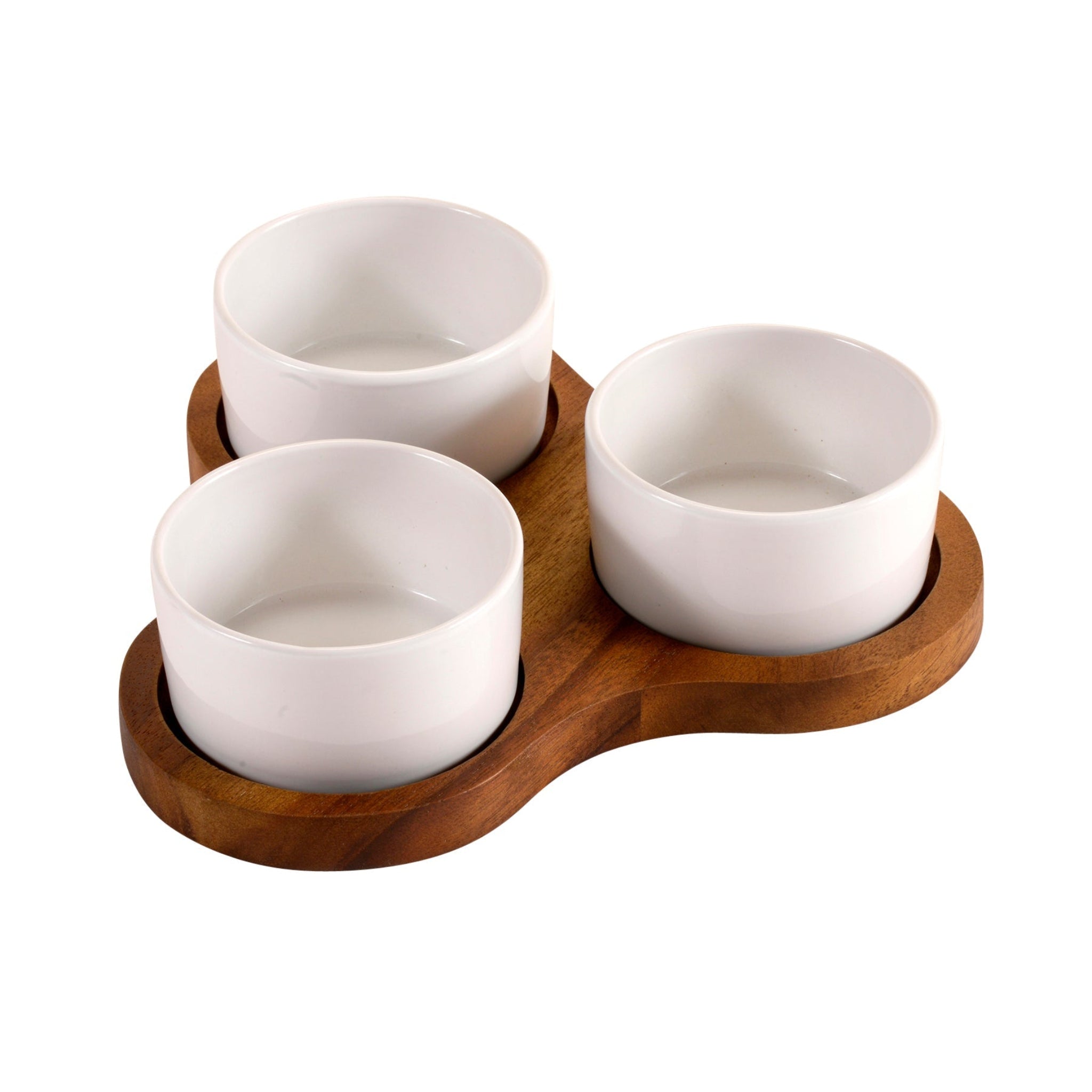 Three white ceramic bowls on a wooden tray against a white background