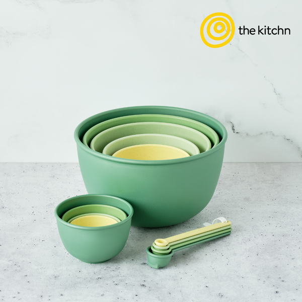 Full 13-piece Astrik Baking Bundle set laid out including mixing bowls, measuring cups, and measuring spoons