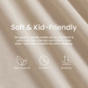 Beige fabric with text describing its softness, kid-friendliness, and key features.