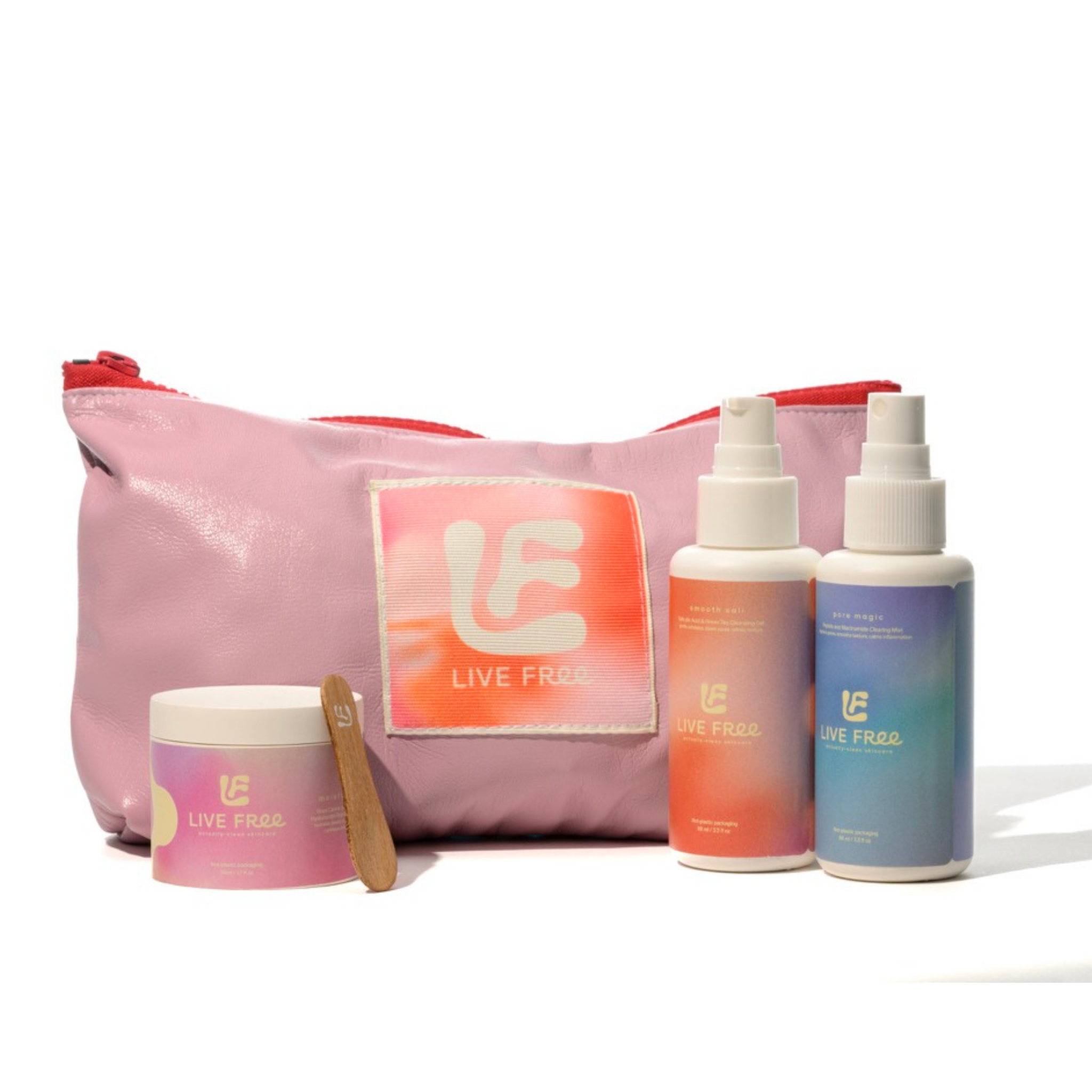 Free Living Co 3-step skincare set with Smooth Sali cleanser, Pore Magic toner and Moisturose moisturiser in deadstock fabric pouch