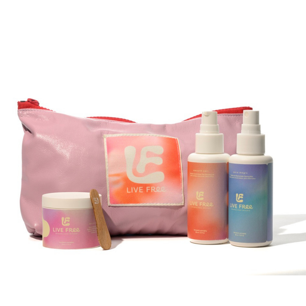 Free Living Co 3-step skincare set with Smooth Sali cleanser, Pore Magic toner and Moisturose moisturiser in deadstock fabric pouch
