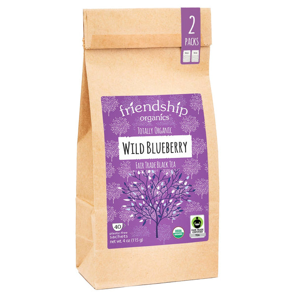Tea package with purple label on a white background