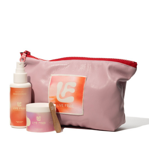 Free Living Co 2-step skincare starter set with Smooth Sali cleanser and Moisturose moisturiser in a deadstock fabric pouch