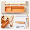 An orange detachable storage tray set shown in a product collage with text callouts. The top panel shows the tray attached to a wooden double-sided play frame, with arrows indicating detachability.