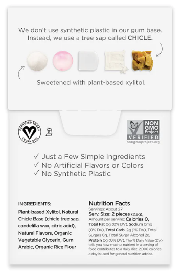Product label with information about using chicle instead of synthetic plastic and ingredient list.