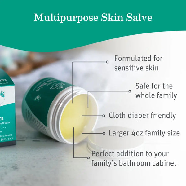 Multipurpose skin salve with product details on a blurred background