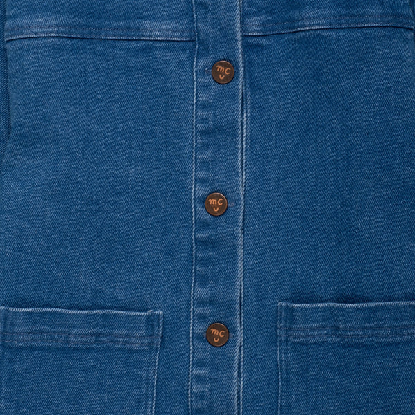 Front detail of the Mon Coeur Kids Denim Barn Jacket showing soft denim fabric and patch pockets
