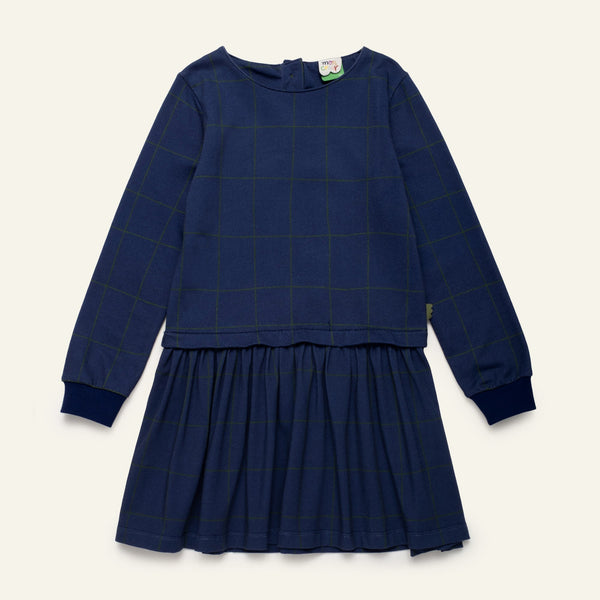 Mon Coeur Kids Navy Grid Dress with drop-waist silhouette in classic navy grid print