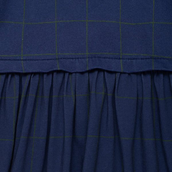 Mon Coeur Kids Navy Grid Dress — front detail showing navy grid print, made in Portugal