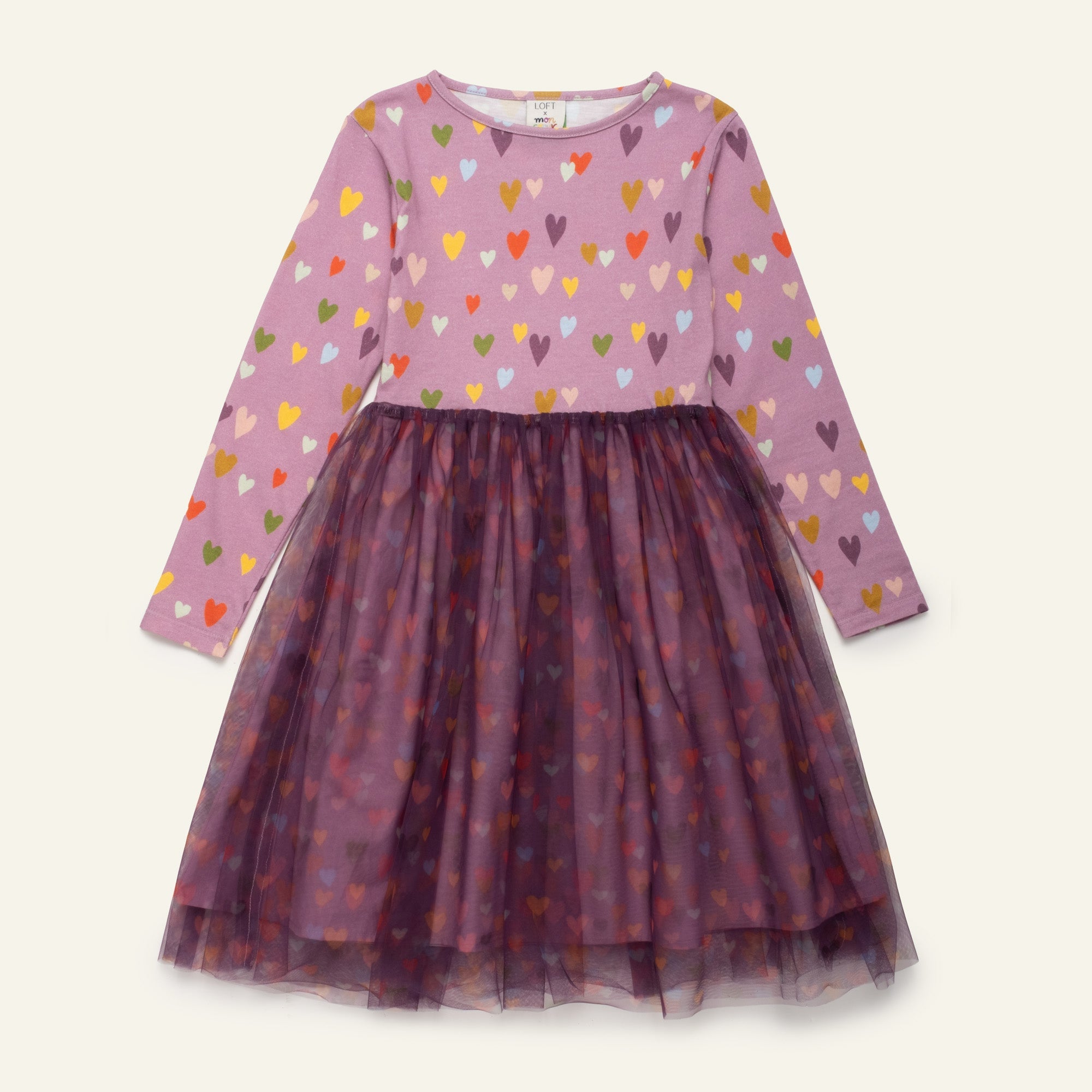 Mon Coeur Mini Hearts Tulle Dress with colorful allover heart print and layered tulle skirt for kids