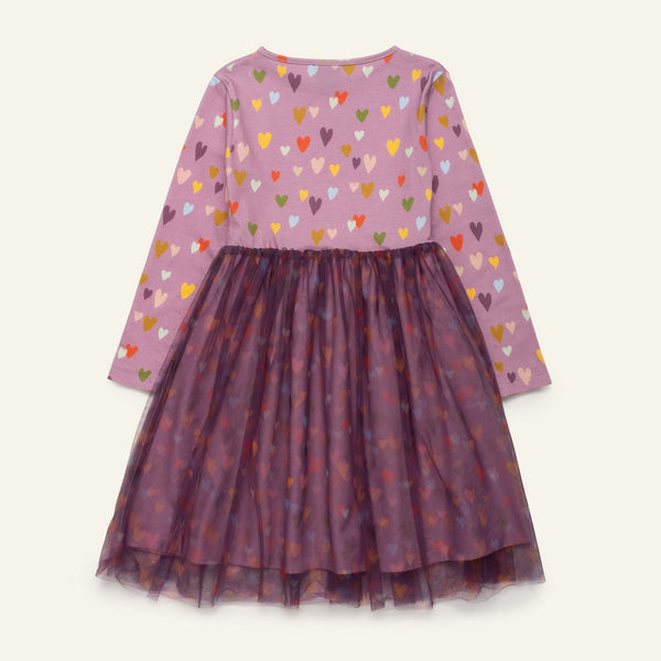 Detail view of the Mon Coeur Mini Hearts Tulle Dress featuring layered tulle and allover heart print