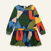 Mon Coeur Kids Fall Shapes Dress with bold abstract autumn print, drop-waist silhouette, sizes 1Y–12Y