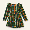 Mon Coeur Kids Fall Grid Ruffle Dress in plaid print with ruffle details, made from organic and recycled fabrics
