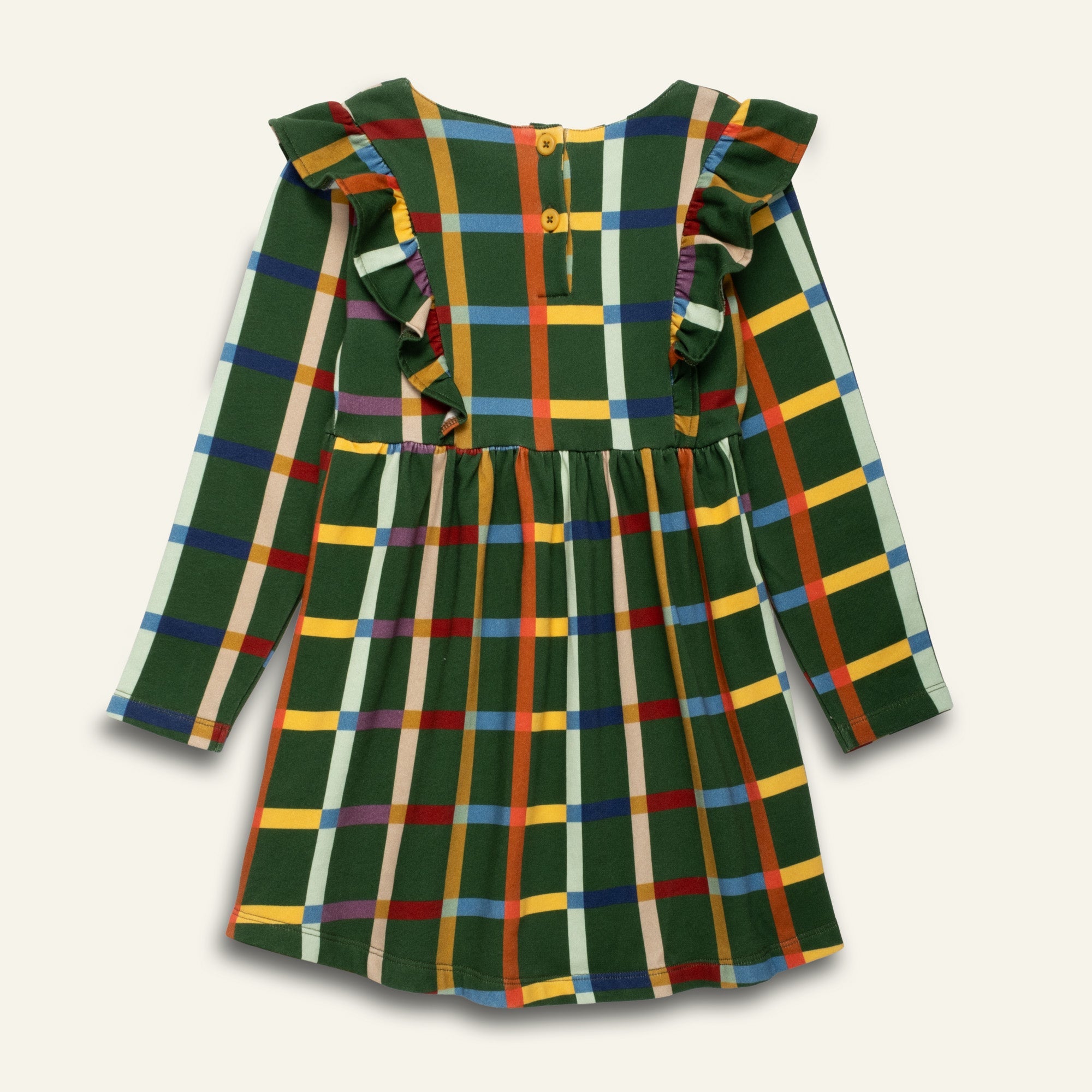 Kids Fall Plaid Ruffle Dress – Organic & Recycled Fabric, Sizes 1Y–12Y
