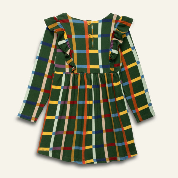 Kids Fall Plaid Ruffle Dress – Organic & Recycled Fabric, Sizes 1Y–12Y
