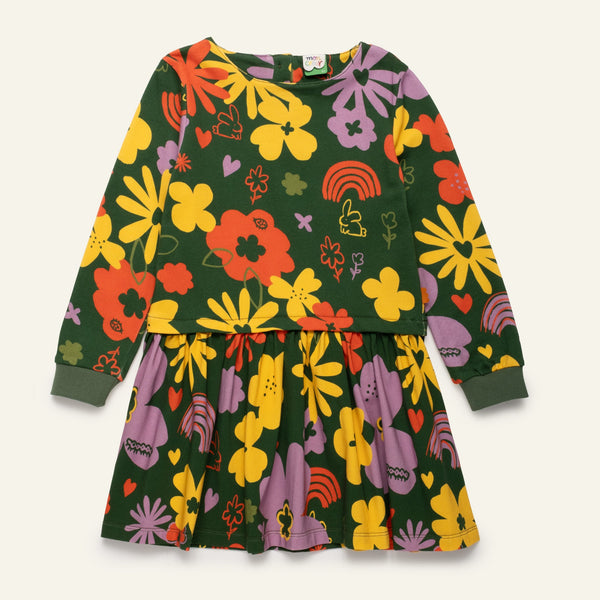 Mon Coeur Kids Wildflower Dress with colourful floral print, made from organic and recycled fabrics
