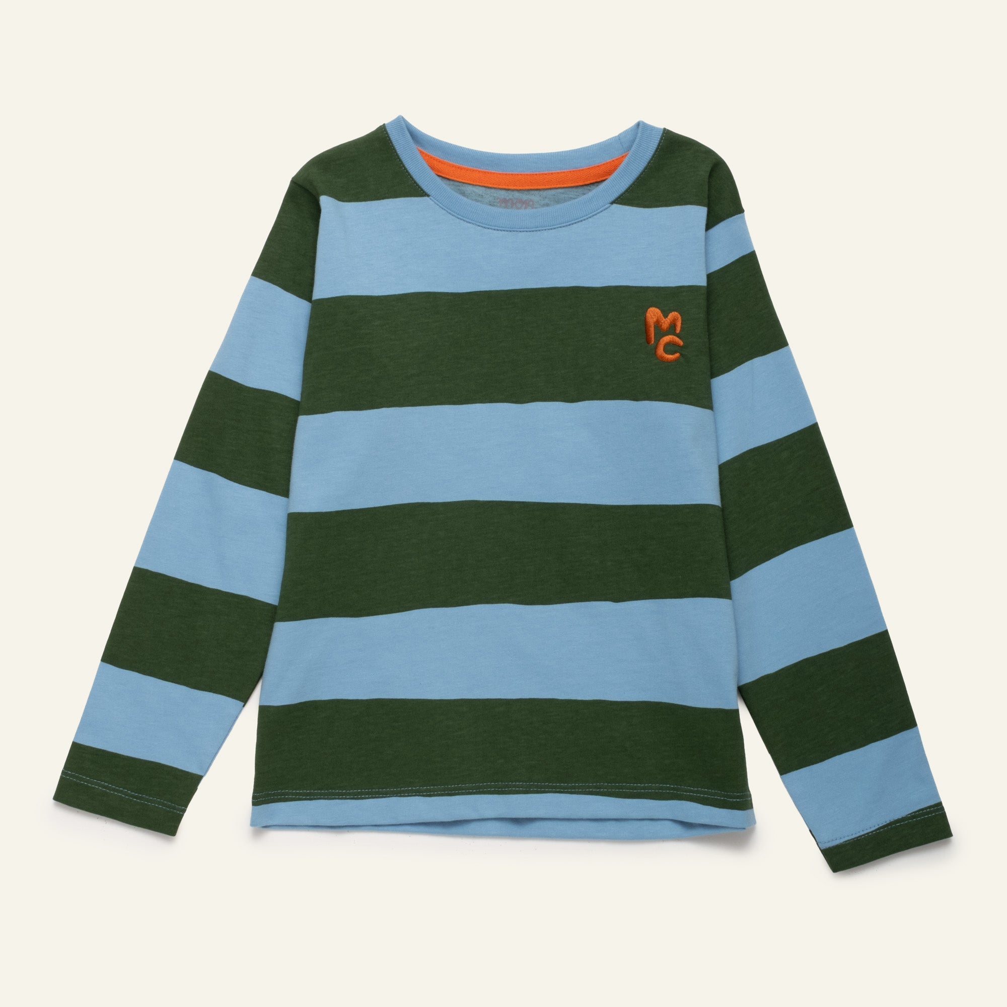 Blue and green rugby stripe long sleeve t-shirt for kids by Mon Coeur, made from organic and recycled cotton