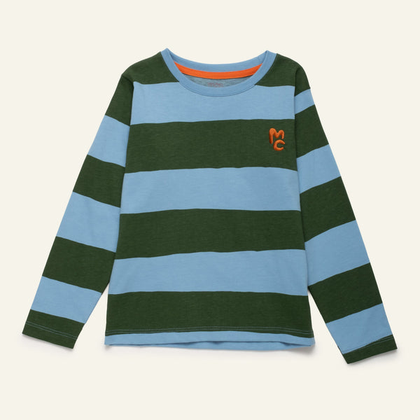 Blue and green rugby stripe long sleeve t-shirt for kids by Mon Coeur, made from organic and recycled cotton