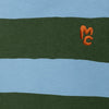 Close-up of Mon Coeur blue and green rugby stripe long sleeve t-shirt showing fabric detail and stripe pattern