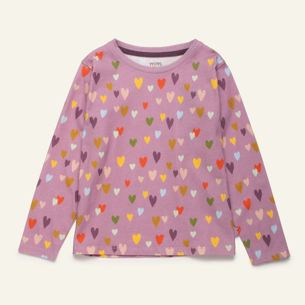 Mon Coeur Mini Hearts Long Sleeve T-Shirt for kids in allover mini heart print, made from organic and recycled cotton