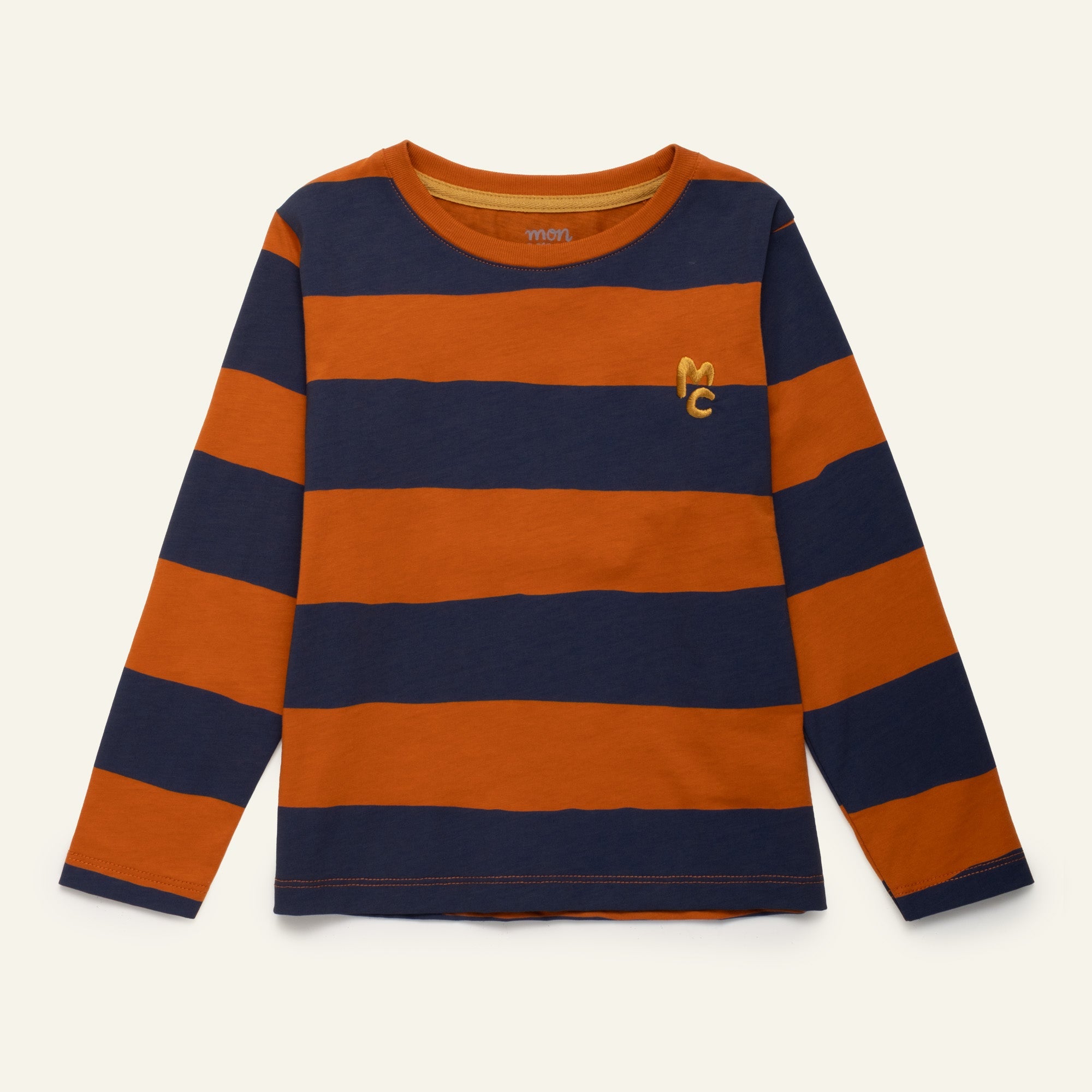 Mon Coeur Chestnut and Navy Rugby Stripe Long Sleeve T-Shirt for kids in organic and recycled cotton
