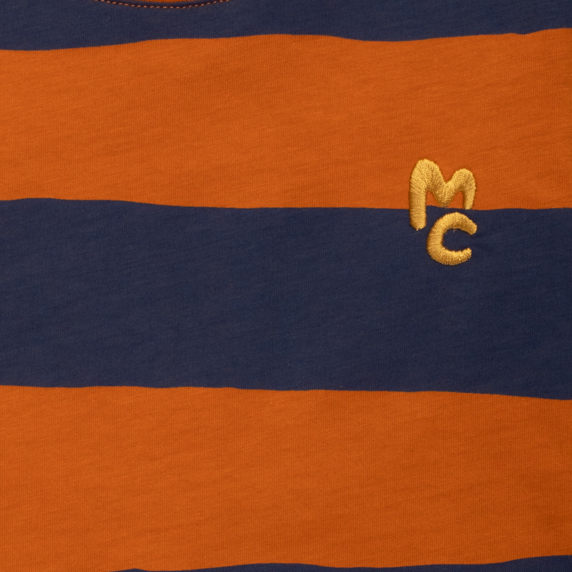 Close-up of Mon Coeur Chestnut and Navy Rugby Stripe Long Sleeve T-Shirt showing fabric detail
