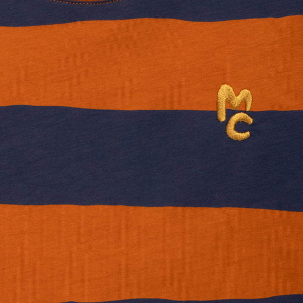 Close-up of Mon Coeur Chestnut and Navy Rugby Stripe Long Sleeve T-Shirt showing fabric detail