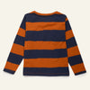 Back view of a navy and orange striped long-sleeve shirt on a white background