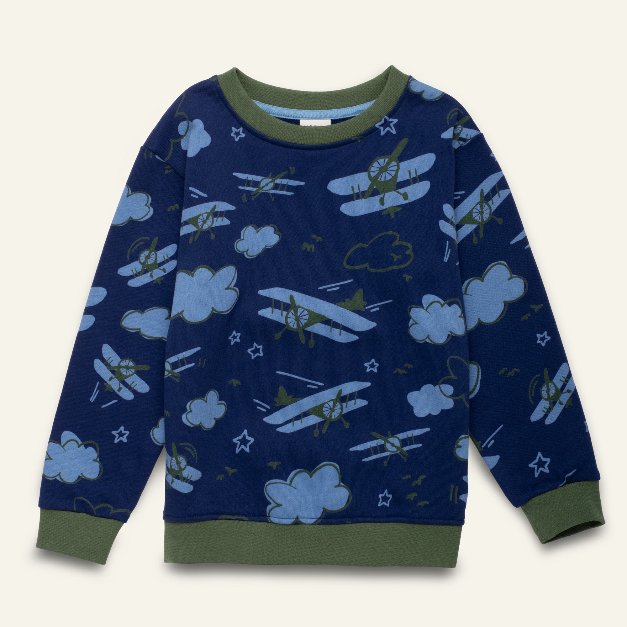 Mon Coeur Kids Airplane Sweatshirt with allover airplane, cloud, and star print in organic and recycled cotton
