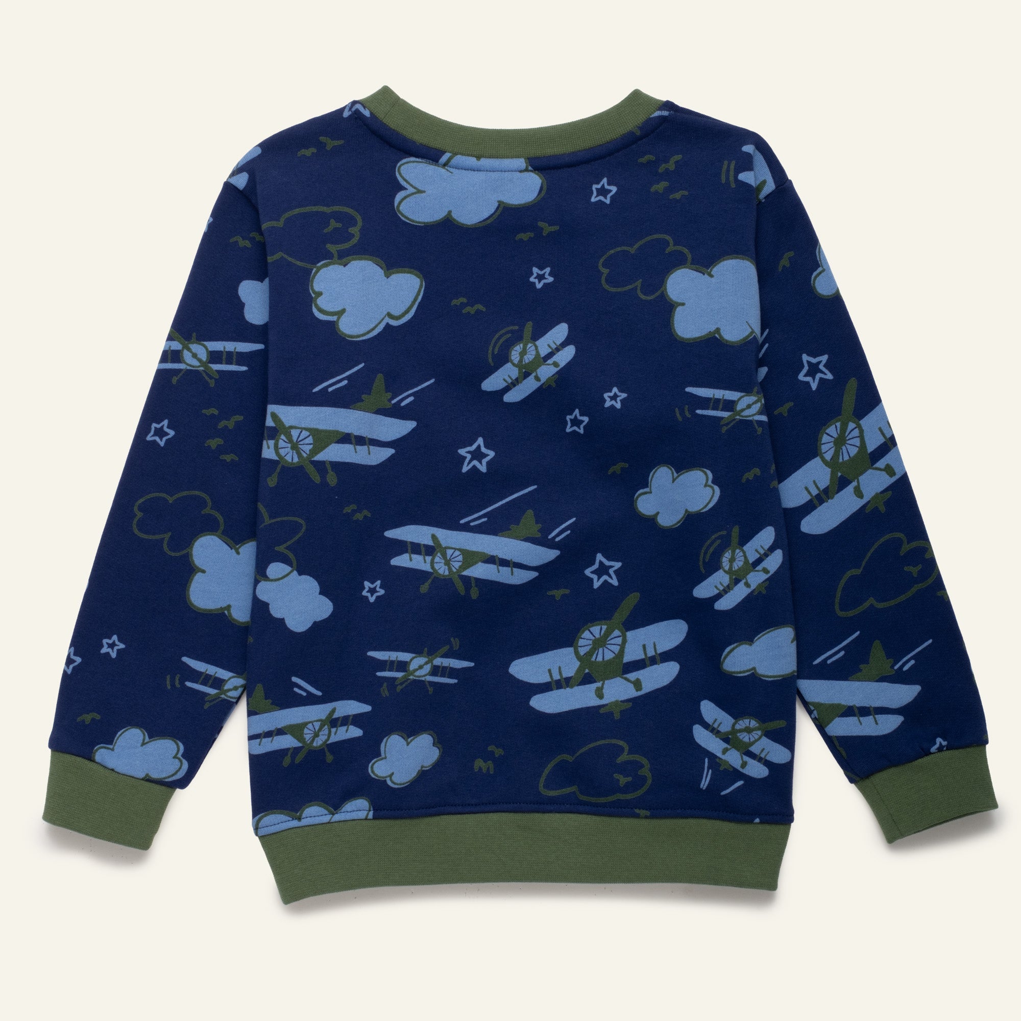 Close-up of Mon Coeur Kids Airplane Sweatshirt fabric — soft organic and recycled cotton blend