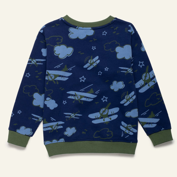 Close-up of Mon Coeur Kids Airplane Sweatshirt fabric — soft organic and recycled cotton blend