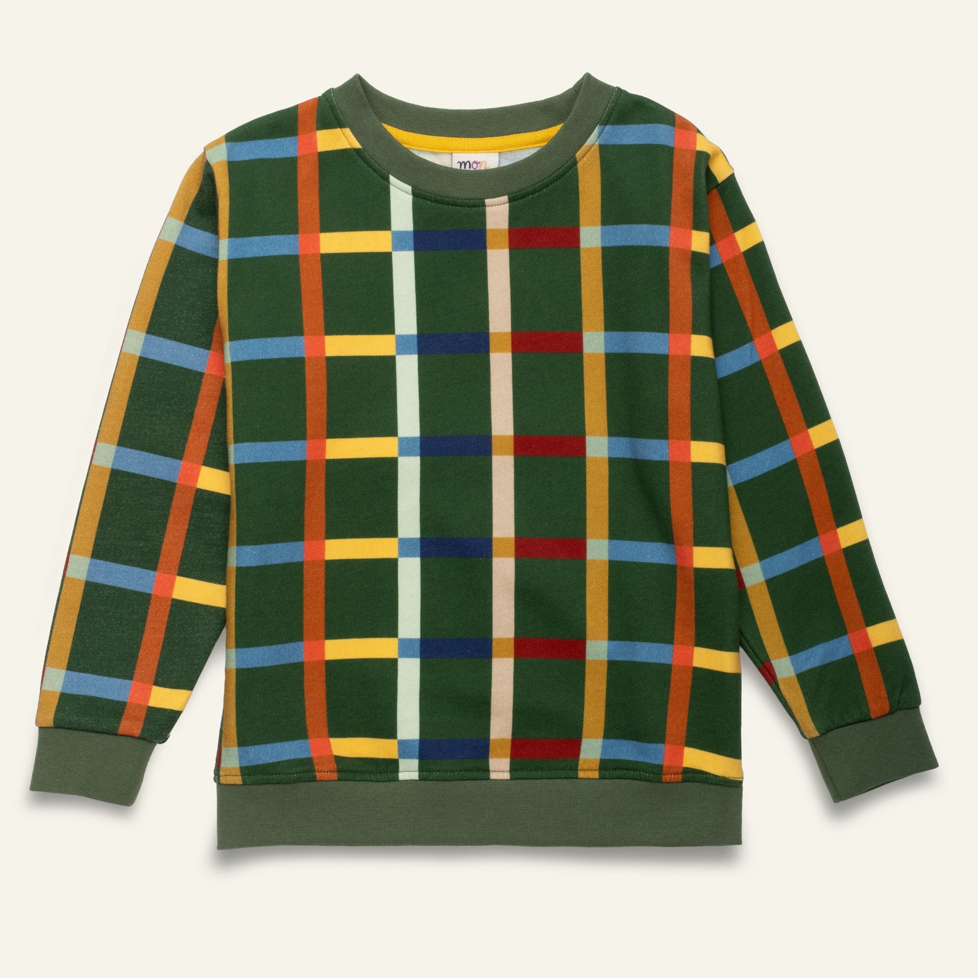 Mon Coeur Kids Fall Grid Sweatshirt in warm fall hues, made from organic and recycled cotton, sizes 1Y–12Y