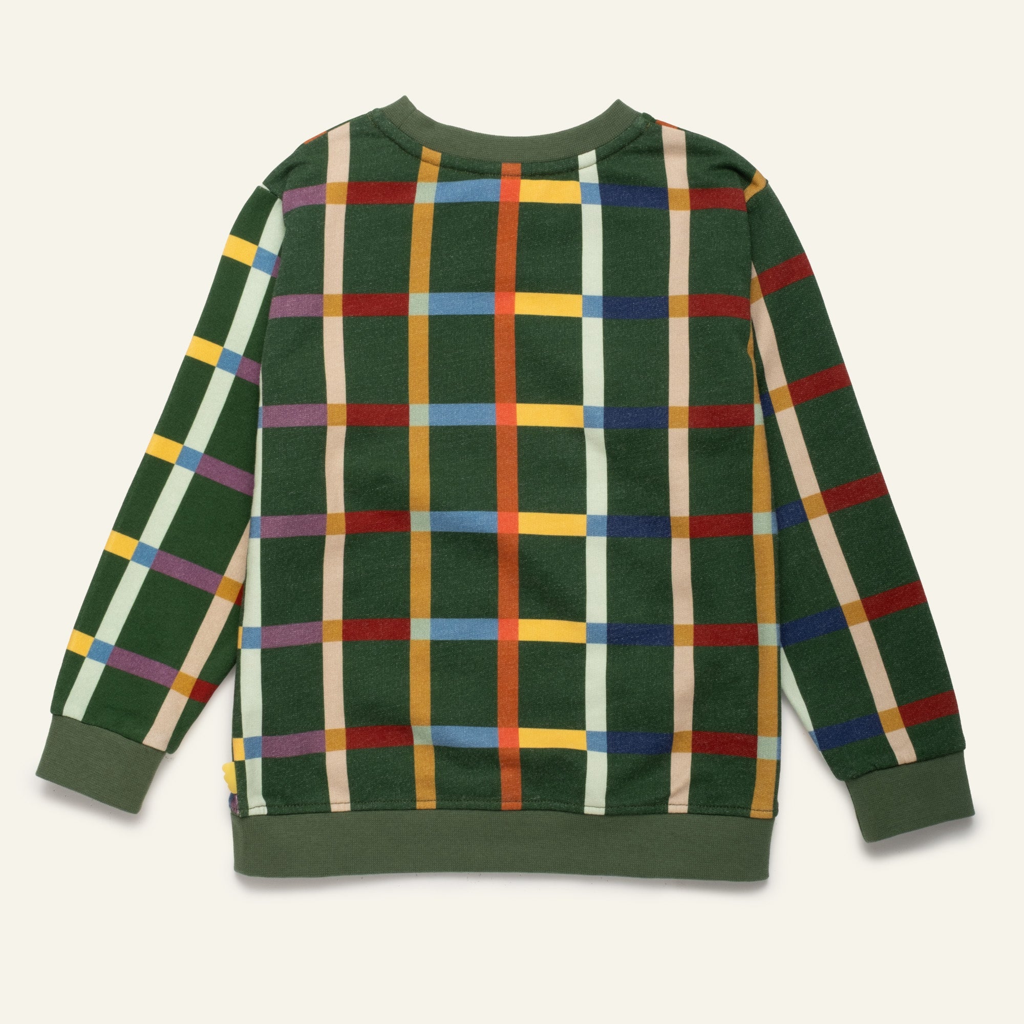 Mon Coeur Kids Fall Grid Sweatshirt flat lay showing organic and recycled cotton fabric and grid pattern