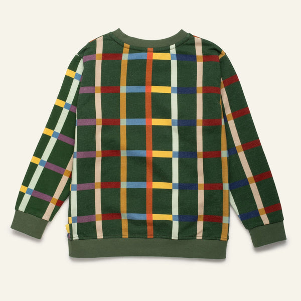 Mon Coeur Kids Fall Grid Sweatshirt flat lay showing organic and recycled cotton fabric and grid pattern