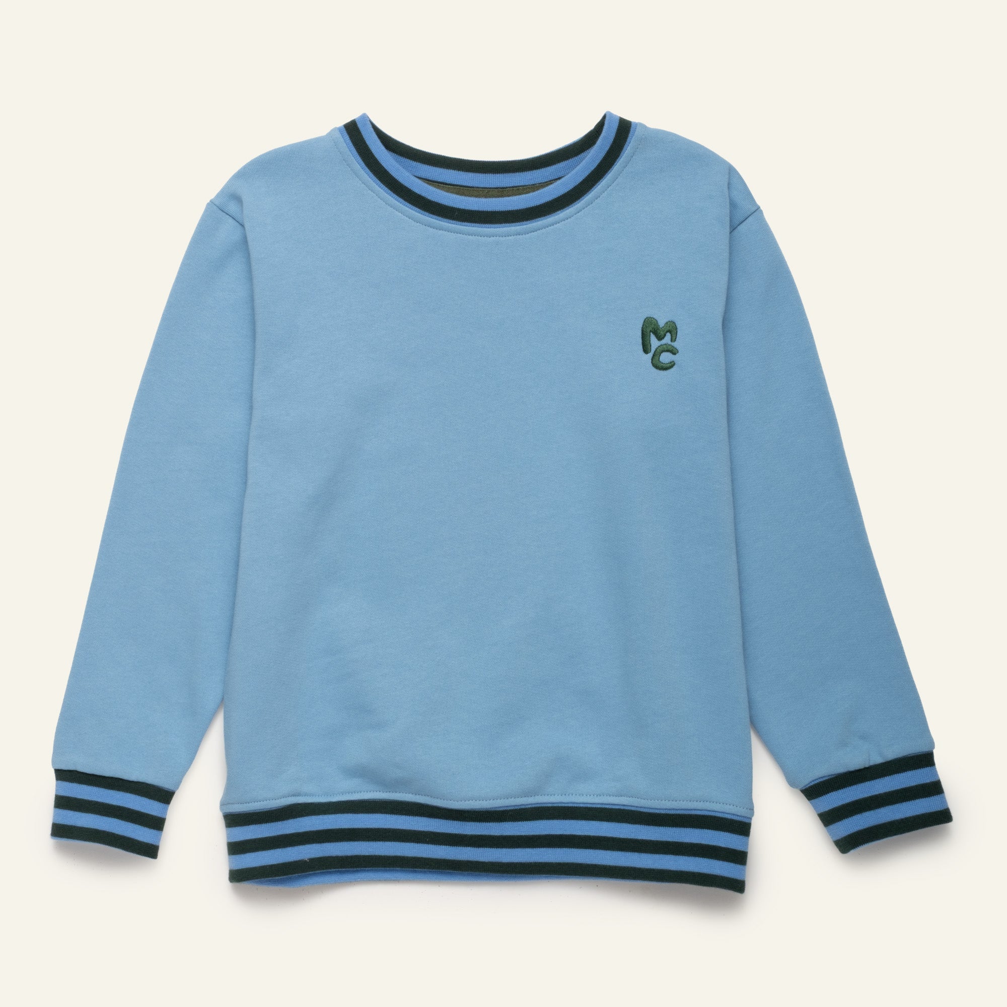 Mon Coeur MC Blue Sweatshirt for kids with striped rib trim and MC logo detail