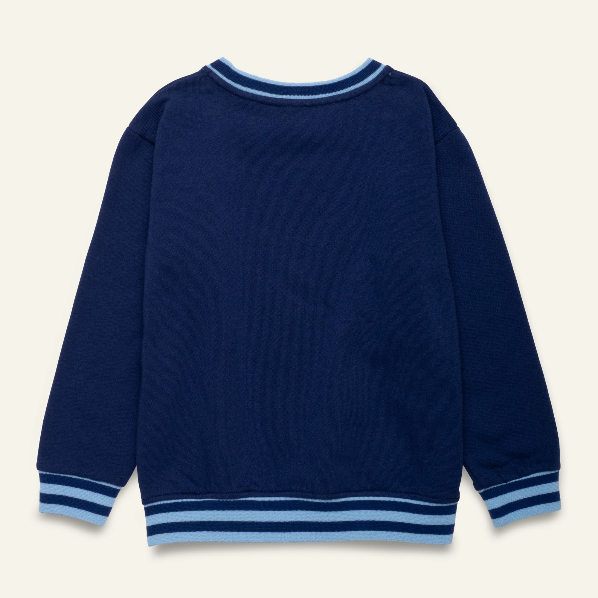 Mon Coeur Kids MC Navy Sweatshirt laid flat showing hem rib trim and overall silhouette