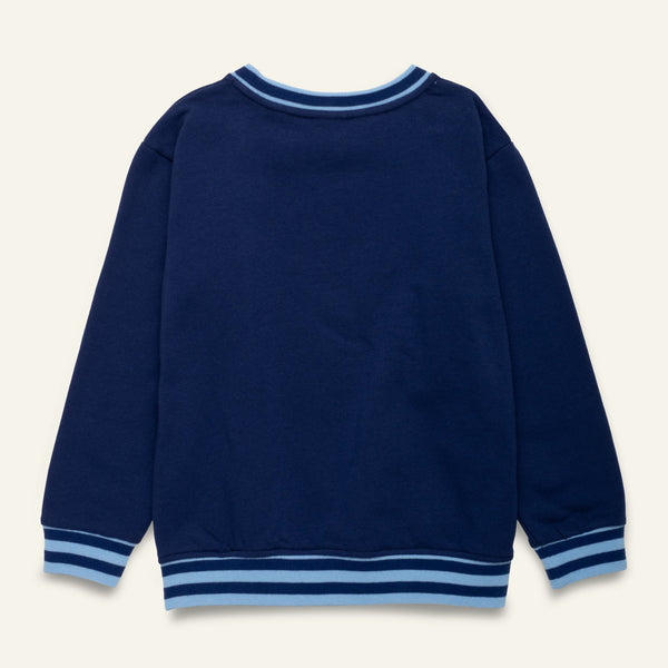 Mon Coeur Kids MC Navy Sweatshirt laid flat showing hem rib trim and overall silhouette