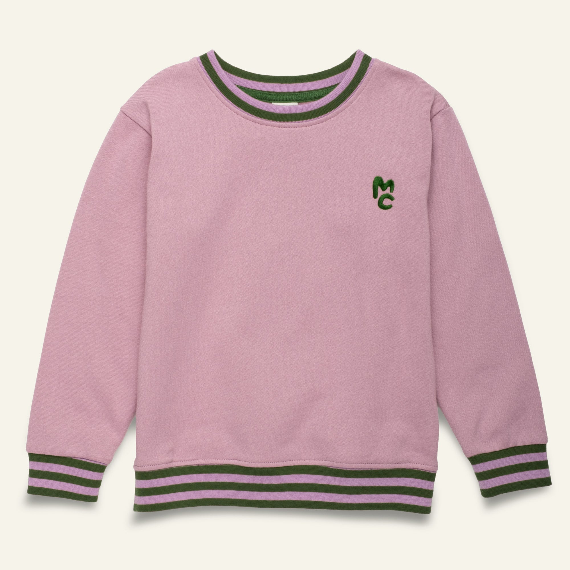 Mon Coeur kids purple sweatshirt with embroidered MC logo and striped rib trim