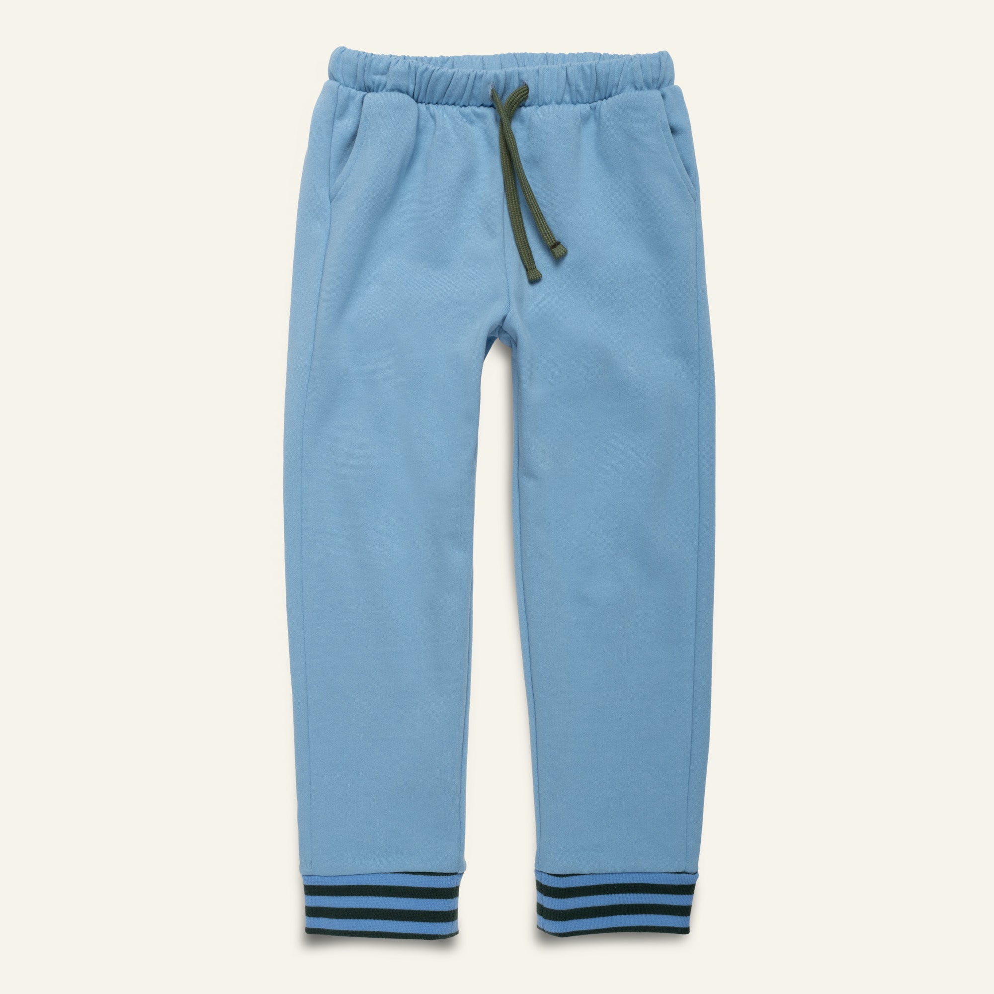 Mon Coeur Blue Jogger for kids in organic and recycled cotton with green striped cuffs and contrast back pocket