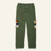 Green pants with colorful patchwork on a white background